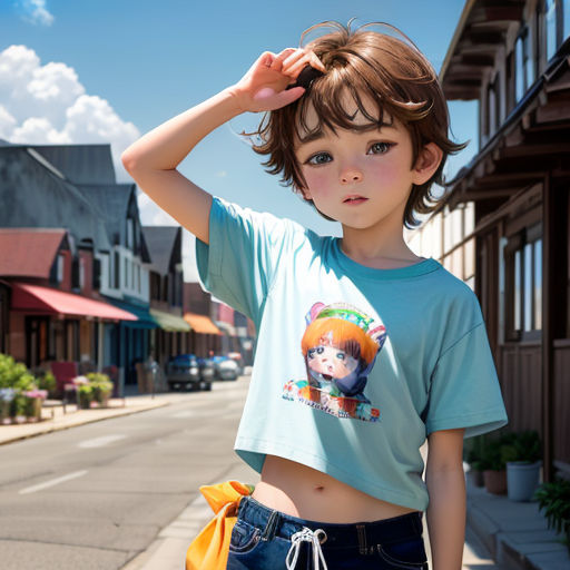 a young boy is standing on the street with his hands on his head and his shirt on his head