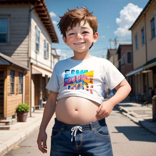 a young boy standing on a street with his stomach exposed and his shirt pulled down and his shirt pulled down