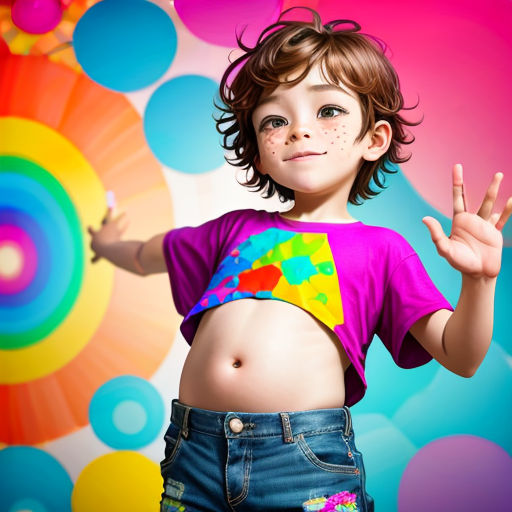 a young girl with a colorful shirt and jeans on posing for a picture with a colorful background and a rainbow circle