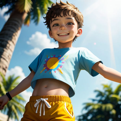 a young boy is standing in front of a palm tree and smiling at the camera with his arms outstretched