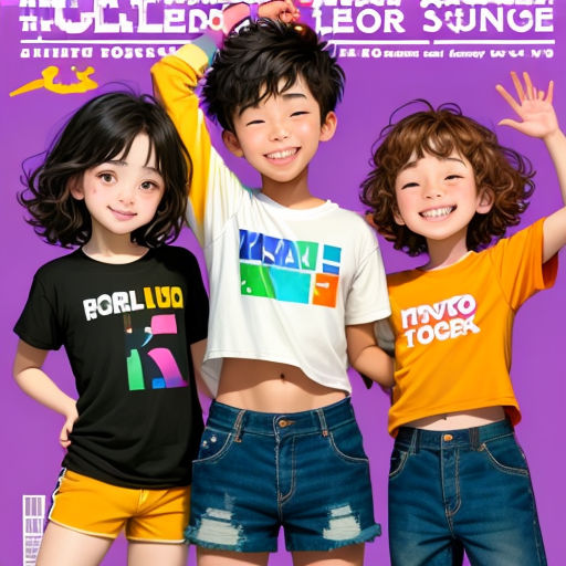 three children posing for a magazine cover with their arms in the air and their hands in the air,