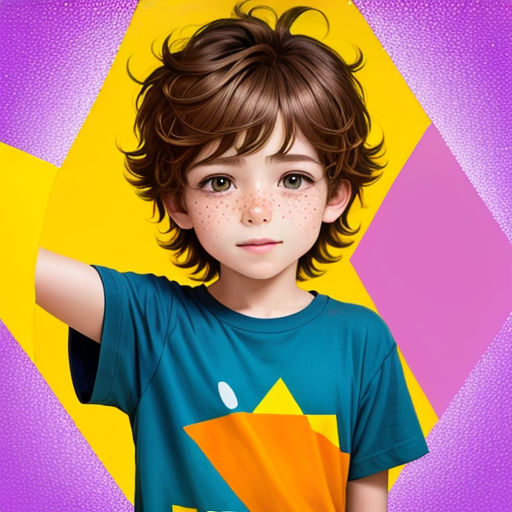 a young boy with freckles on his face and a blue shirt on his shoulders and a yellow and purple background