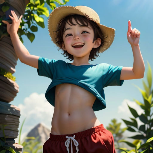 a boy in a hat and shorts standing in the grass with his arms up and his hands up in the air