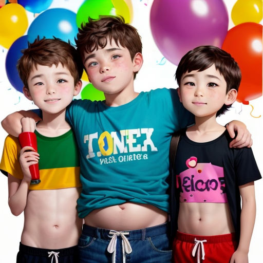 three boys standing next to each other with balloons in the background and a birthday card in the foreground