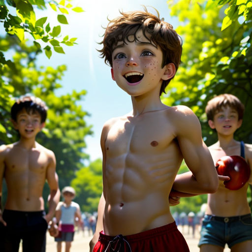 a group of young men standing next to each other in a park with trees and people in the background