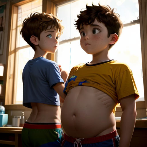a boy and a boy standing next to each other in a kitchen with a window behind them and a boy looking at the camera