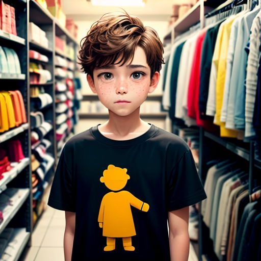 a young boy standing in a store with a t - shirt on his chest and a yellow bear on his chest