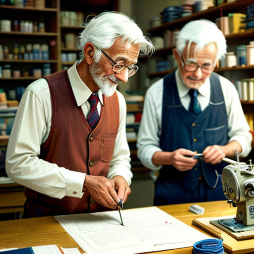 two older men are working on a sewing machine in a library with bookshelves and a sewing machine