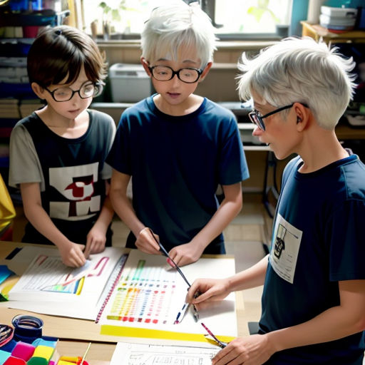 three boys are doing a project together at a table with markers and pencils on it, and a boy is looking at the paper