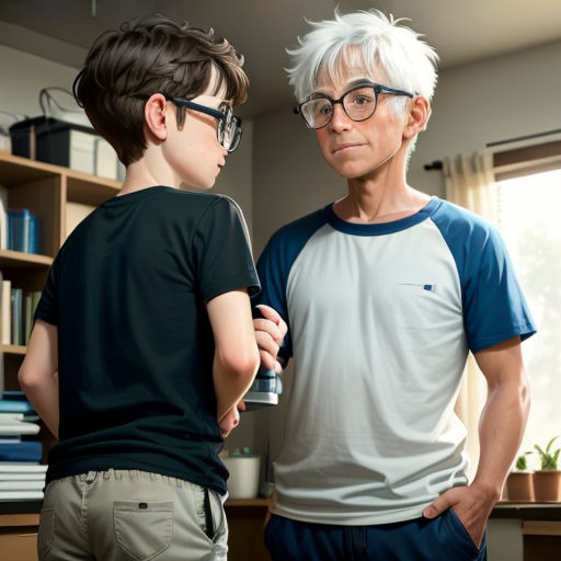 a man and a boy standing in a room with a book shelf and a window behind them, both looking at each other