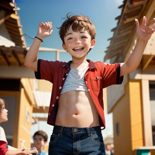 a boy with no shirt on standing in front of a building with his hands up in the air and his shirt open