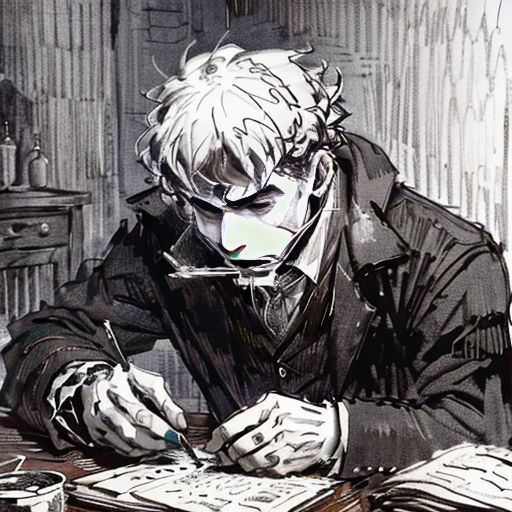 a man in a black jacket writing on a piece of paper with a pen and a pair of scissors