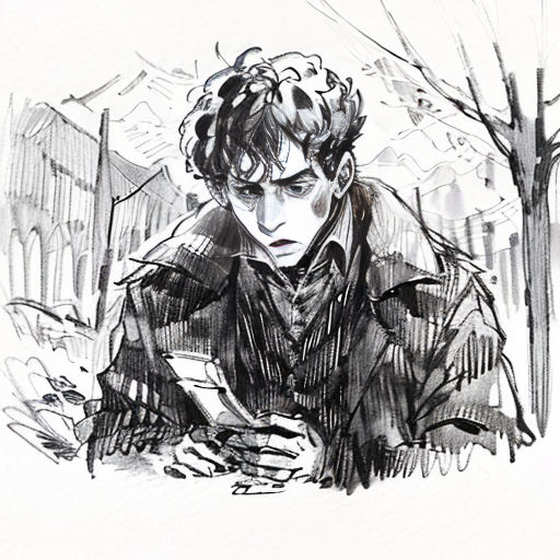a drawing of a man sitting in a park reading a book and looking at his phone while holding a cup