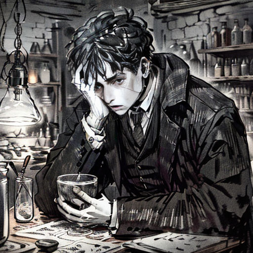 a man sitting at a desk with a glass in his hand and a bottle in front of him, in a dark room