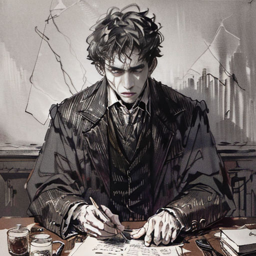 a man sitting at a table with a pen and paper in his hand and a cup of coffee in front of him