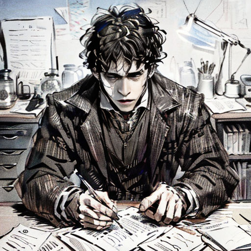 a man sitting at a desk with papers and a pen in his hand and a lot of papers on the desk