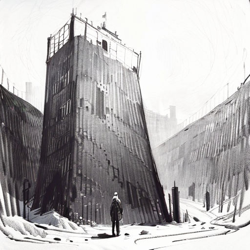 a man standing in front of a giant building in the snow with a sky background and a person standing in front of it