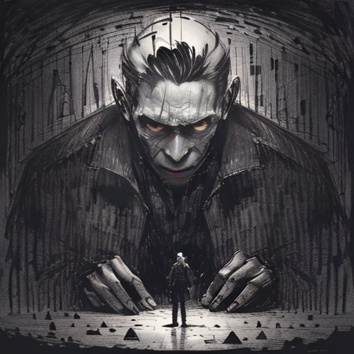 a man standing in front of a painting of a demon with his hands on his chest and a knife in his other hand