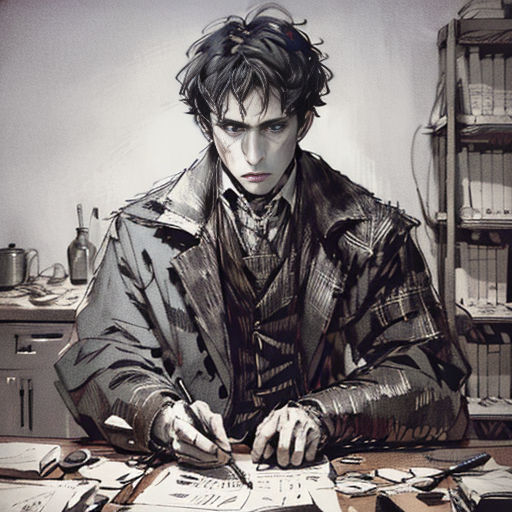 a man sitting at a desk with papers and pens in his hands and a bottle of alcohol in the background
