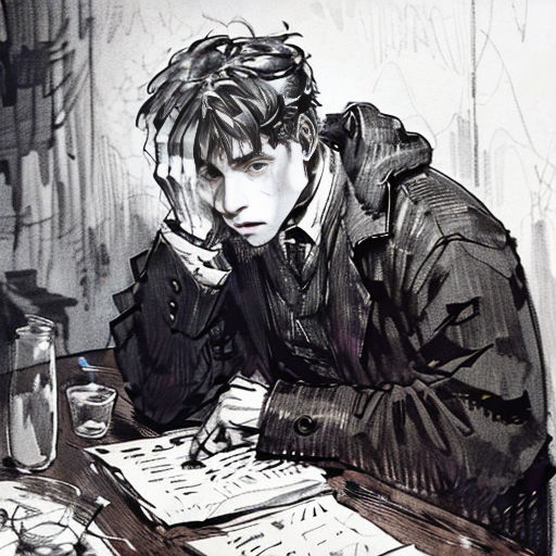 a drawing of a man sitting at a table with a book and a glass of water in front of him