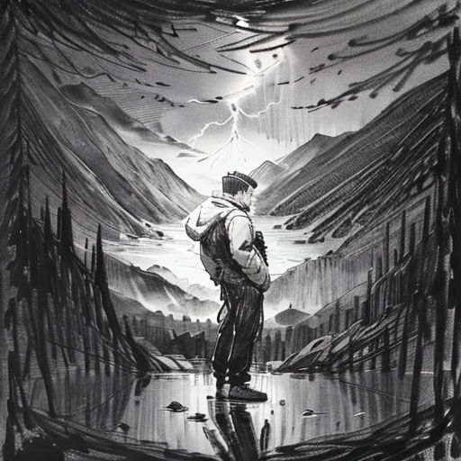 a man standing in the middle of a forest with a lightning above him and a lake below him, with trees and mountains in the background