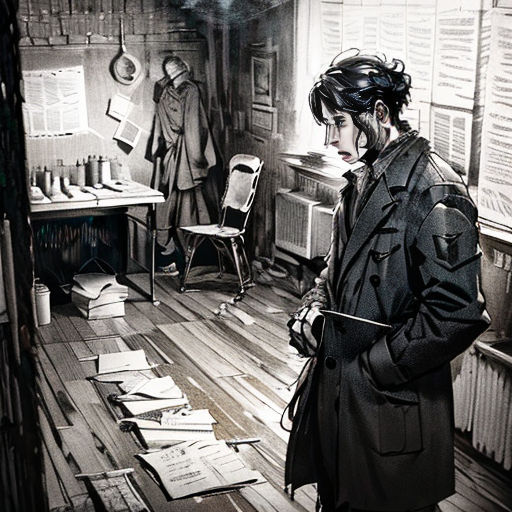 a man standing in a room with a lot of papers on the floor and a desk with a chair