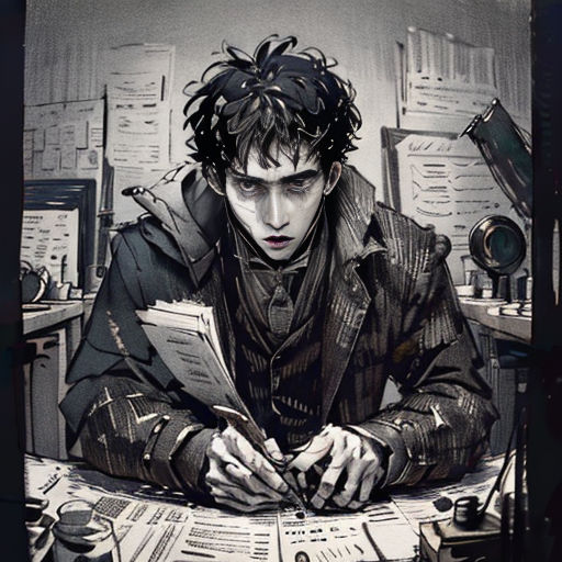 a man sitting at a desk with papers in his hands and a clock in the background, with a clock on the wall