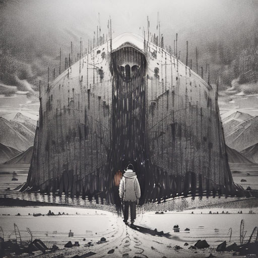 a man standing in front of a giant structure with a skull on it's face and a sky background
