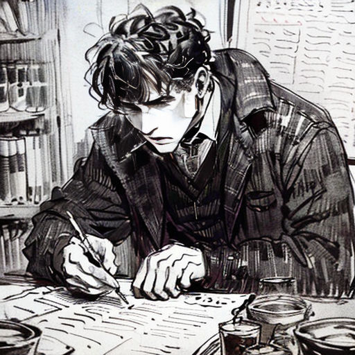 a man sitting at a table writing on a piece of paper with a pen and ink pen in his hand