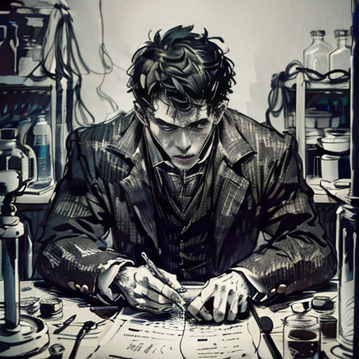 a man sitting at a table with a book and a pen in his hand and a lot of bottles around him