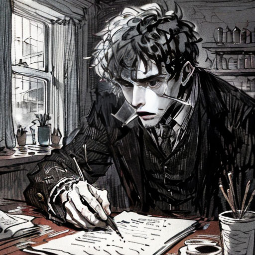 a man sitting at a table writing on a piece of paper with a pen in his mouth and a cup of coffee in front of him