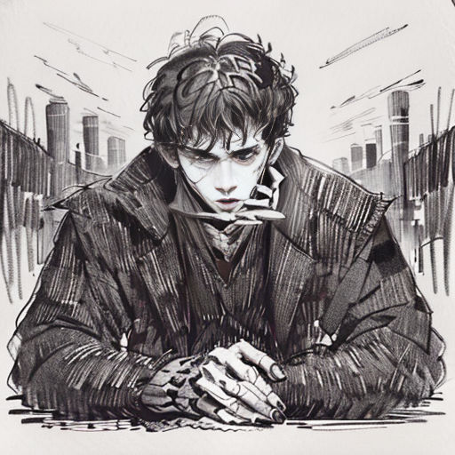 a drawing of a man sitting at a table with his hands folded over his chest and looking down at his phone