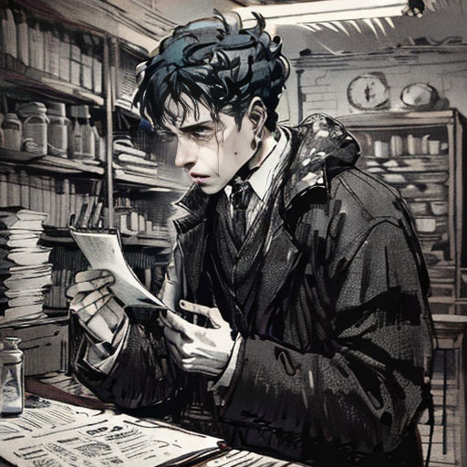 a man sitting at a table in a room with a lot of books and papers on it, reading a paper