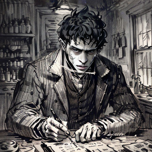 a man sitting at a table with a book and pen in his hand and a book in his other hand