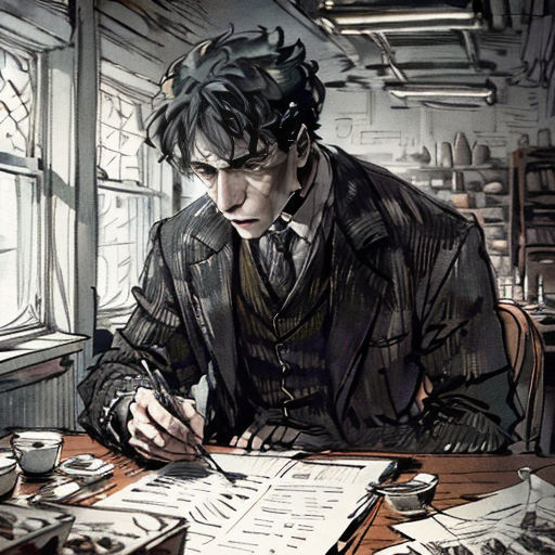 a man sitting at a table with a pen and paper in his hand and papers on the table next to him