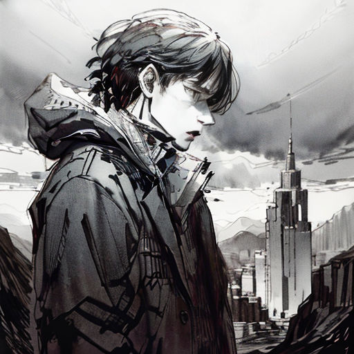 a man standing in front of a cityscape with a sky background and a building in the background