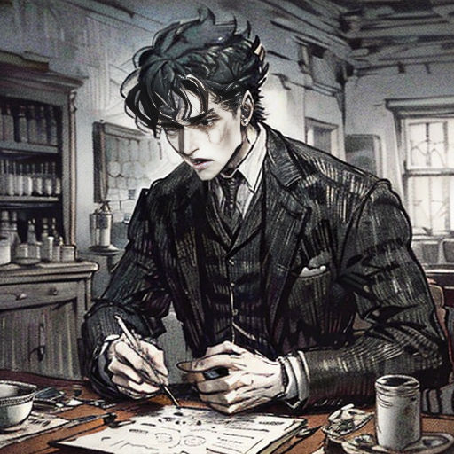 a man in a suit sitting at a table with a pen and paper in his hand and a cup of coffee in front of him