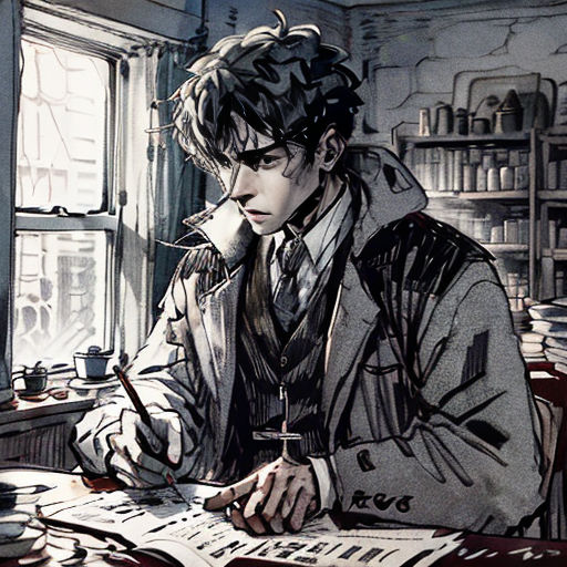 a man sitting at a desk with a pen and paper in his hand and a book in his other hand