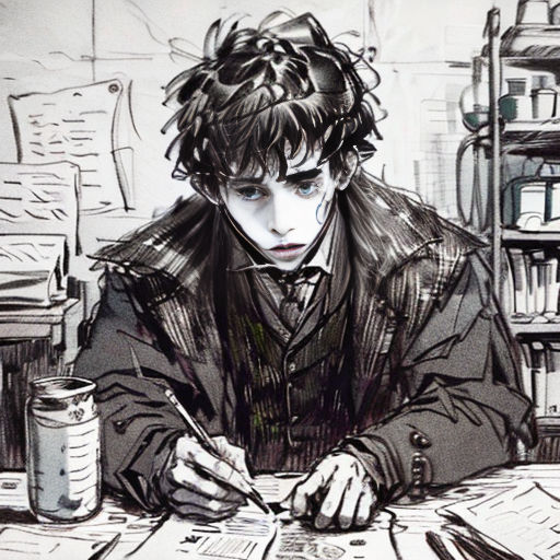 a drawing of a man sitting at a desk with a pen and paper in his hand and a cup of coffee in front of him