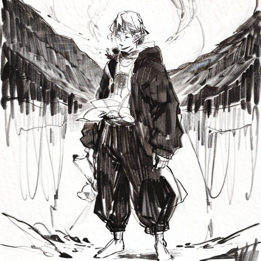 a drawing of a man with an angel wings on his back and a backpack on his back, standing in front of a mountain