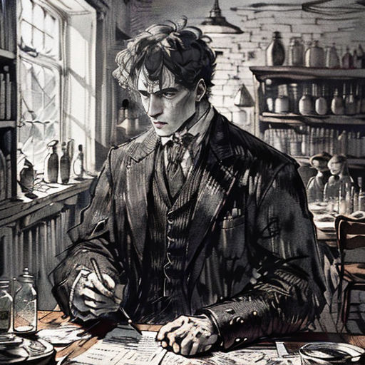 a man in a suit sitting at a table with a book and papers in front of him and a bottle of wine in the background