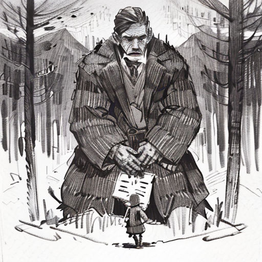 a drawing of a man in a suit standing in the snow with a newspaper in his hand and a man in a suit standing in the snow