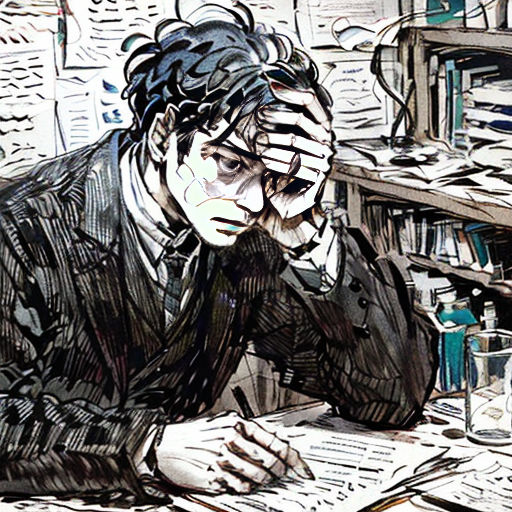 a man sitting at a desk with a book and a glass of water in front of him and a bookcase full of books