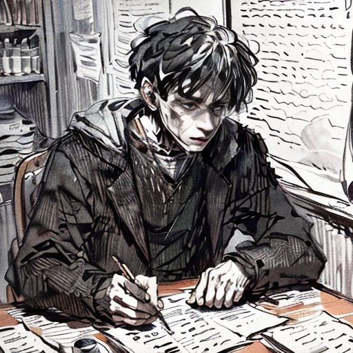 a man sitting at a desk writing on a piece of paper with a pen and paper clippings