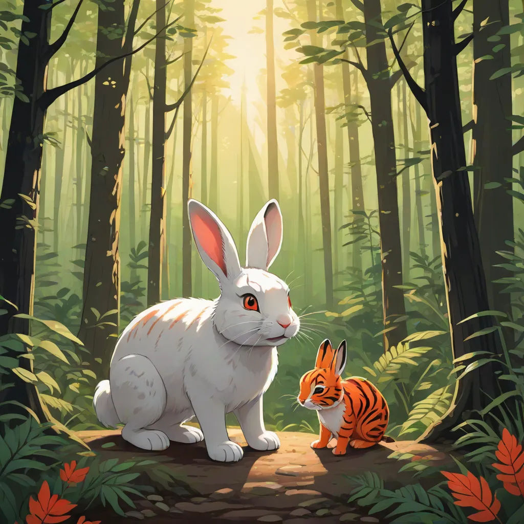 a rabbit and a tiger are in the woods together, with the sun shining through the trees behind them, furry art, a storybook illustration, Dan Mumford, rossdraws global illumination
