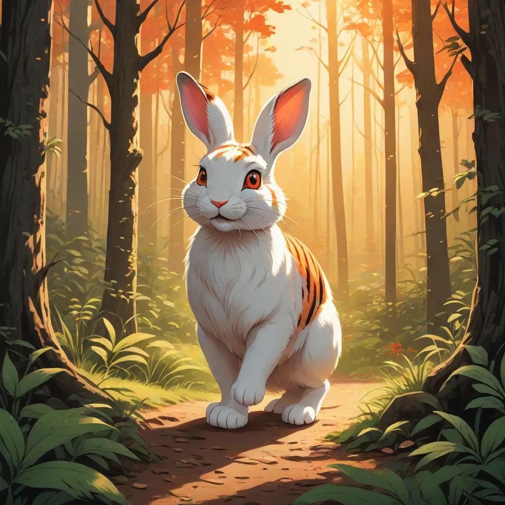 a painting of a white rabbit sitting in the woods with a light shining on it's face and eyes, altermodern, a painting, Clint Cearley, rossdraws global illumination