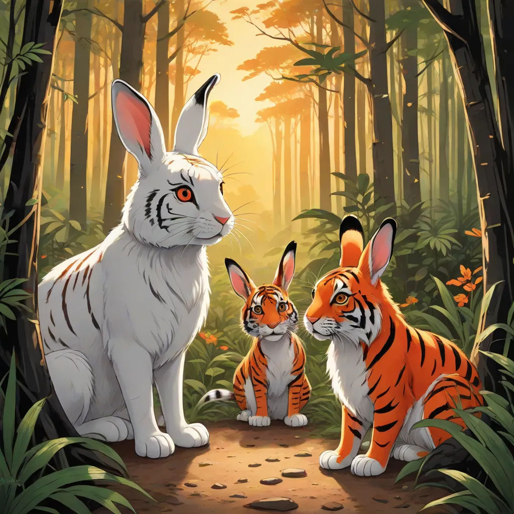 a painting of two tigers and a rabbit in a forest with trees and grass, with a sunset in the background, furry art, a storybook illustration, Brothers Hildebrandt, official art