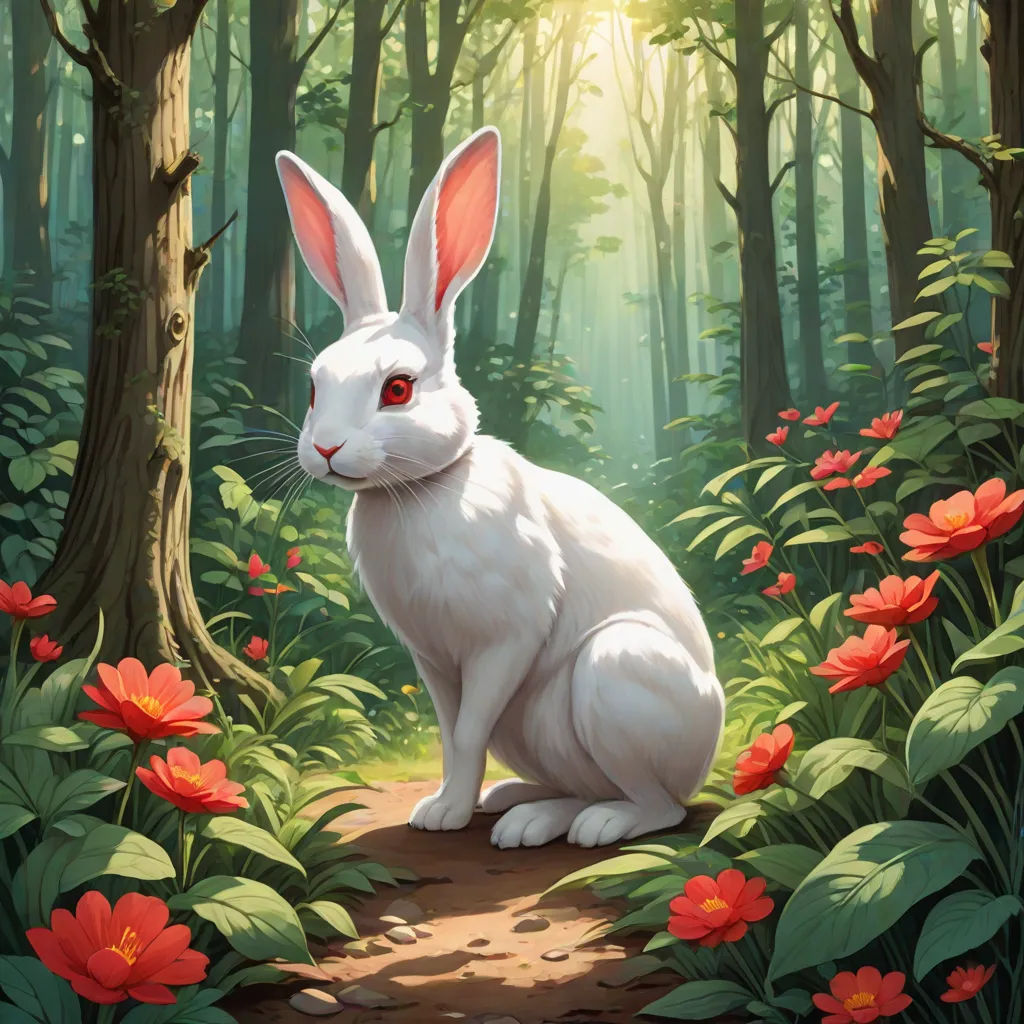 a white rabbit sitting in the middle of a forest with red flowers and trees around it, with the sun shining through the trees, altermodern, an ultrafine detailed painting, Aaron Jasinski, magic the gathering artwork