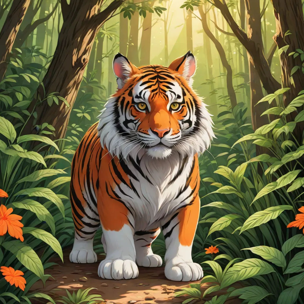 a tiger standing in the middle of a forest with flowers and trees around it, with a bright light coming from behind it, furry art, an oil painting, Dan Mumford, official art