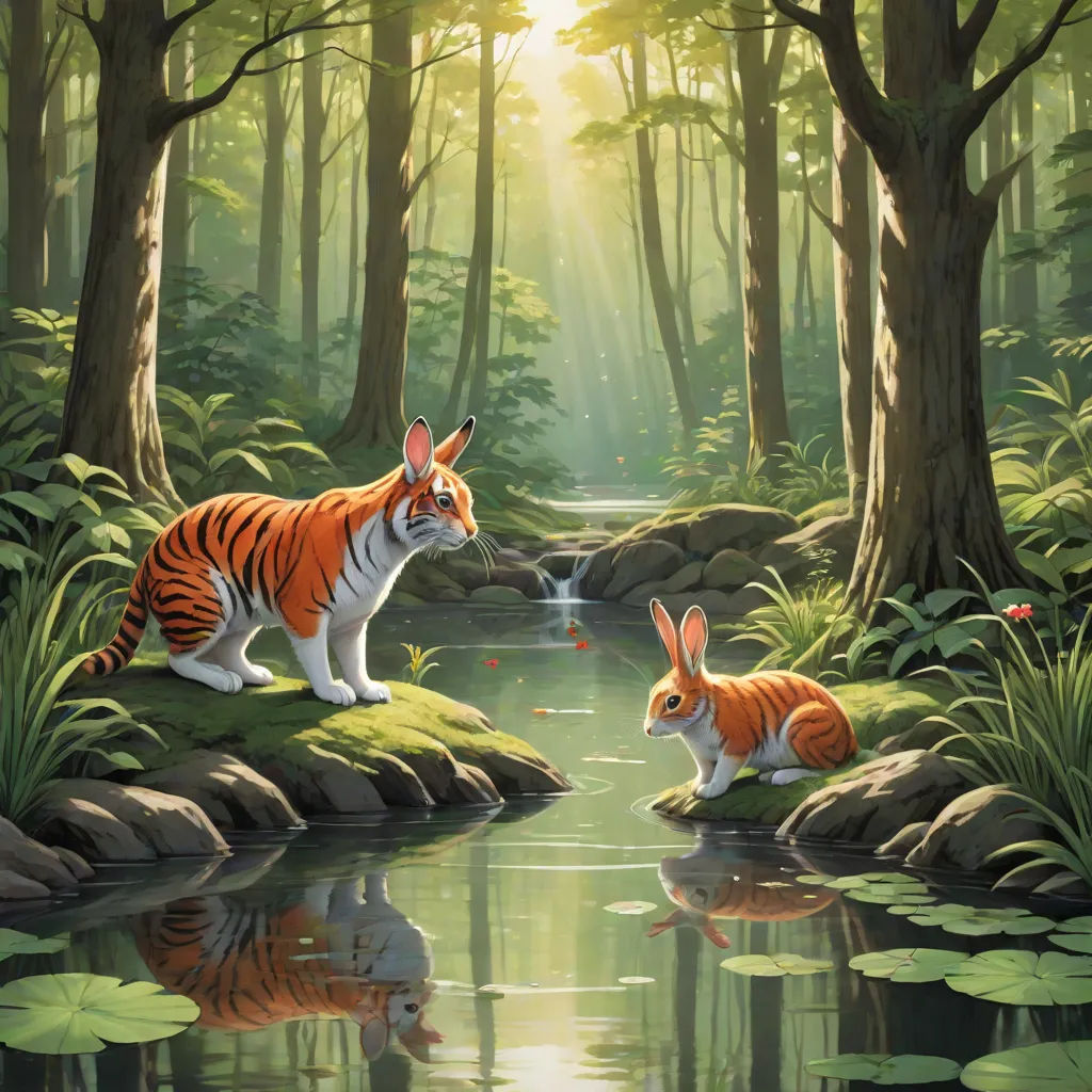 a painting of two animals in a forest by a stream with lily pads and a stream running through it, furry art, a storybook illustration, Brothers Hildebrandt, official art